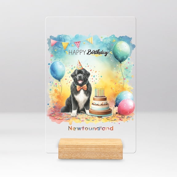 Happy Birthday to Newfoundland Kitten Party Balloons Cake Acrylic Plaque Sign Ashwood Base Newfie Dog Lover Gifts Home Desk Decor - 00027
