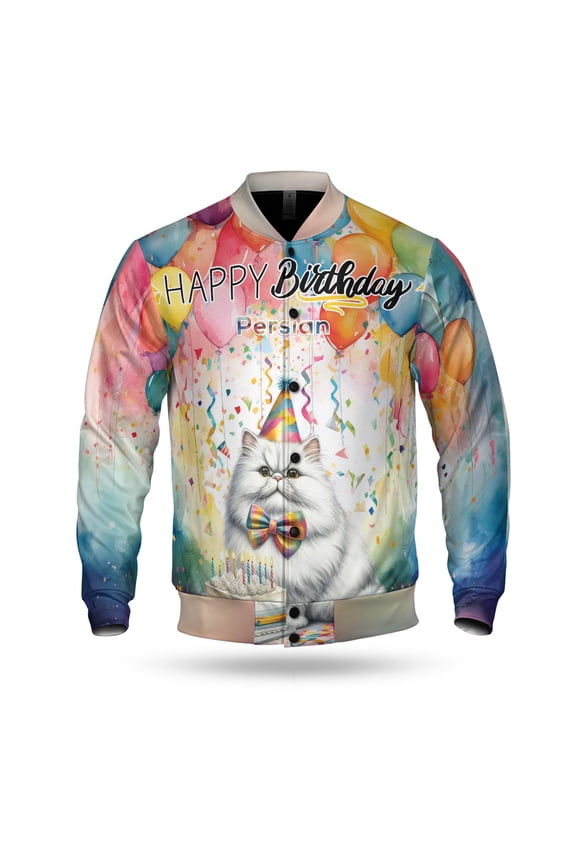 Happy Birthday to Persian Kitten Party Balloons Cake All Over Print 3D Baseball Jacket Cat Lover Kitten Owner Gifts Bomber Jacket Softball - 00027