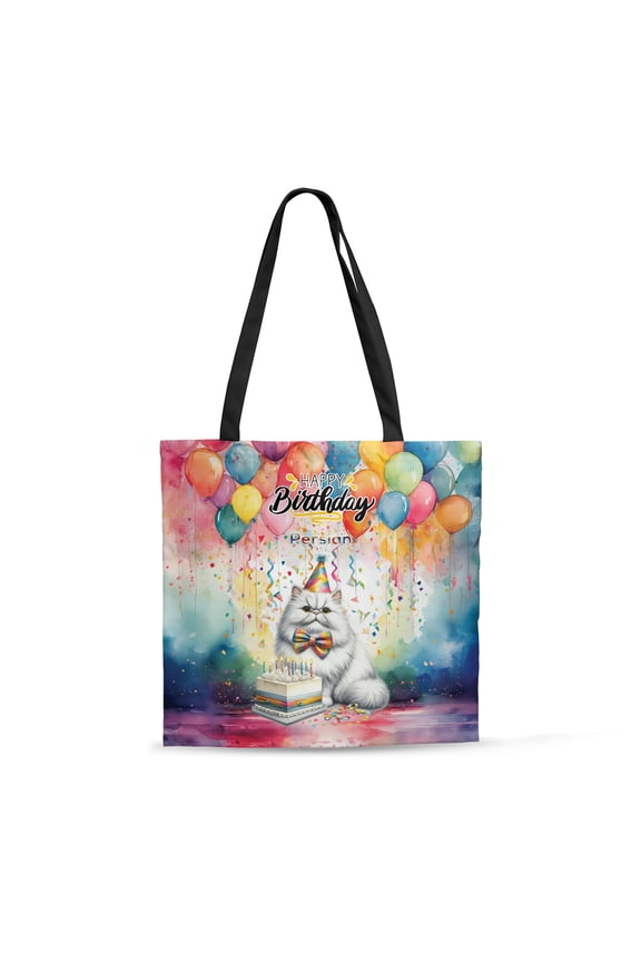 Happy Birthday to Persian Kitten Party Balloons Cake All Over Print 3D Canvas Tote Bag Cat Lover Kitten Owner Gifts Reusable Handbag - 00027