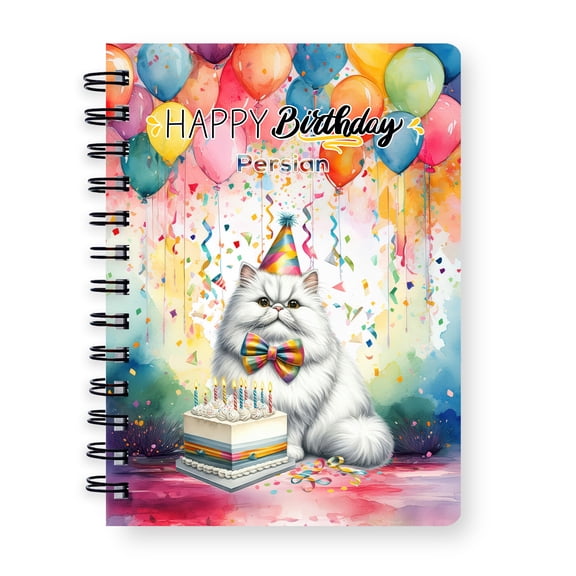 Happy Birthday to Persian Kitten Party Balloons Cake Spiral Bound Journal Cat Lover Kitten Owner Gifts 5x7in Spiral Notebook - 00027