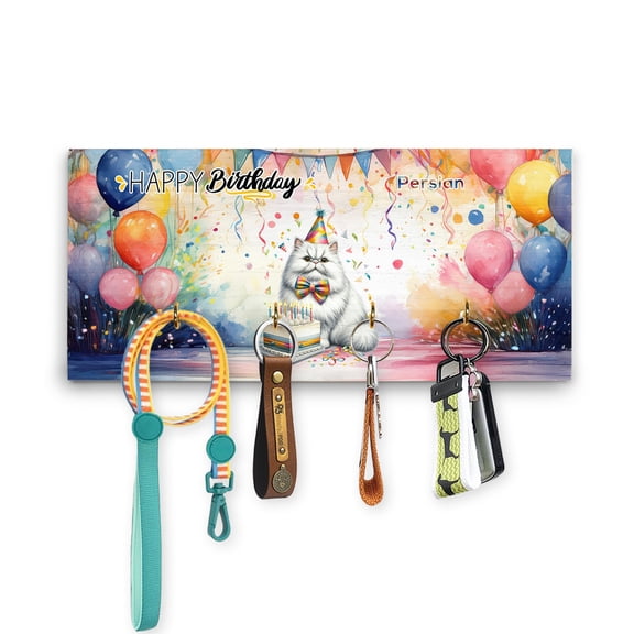Happy Birthday to Persian Kitten Party Balloons Cake Wood Key Holder Cat Lover Kitten Owner Gifts Wall-mounted Key Rack Home Decor - 00027
