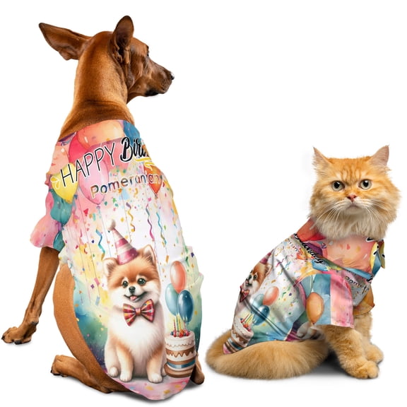 Happy Birthday to Pomeranian Kitten Party Balloons Cake Hawaiian Summer Shirt for Small Medium Large Dog Cat Pom Dog Lover Gifts - 00027