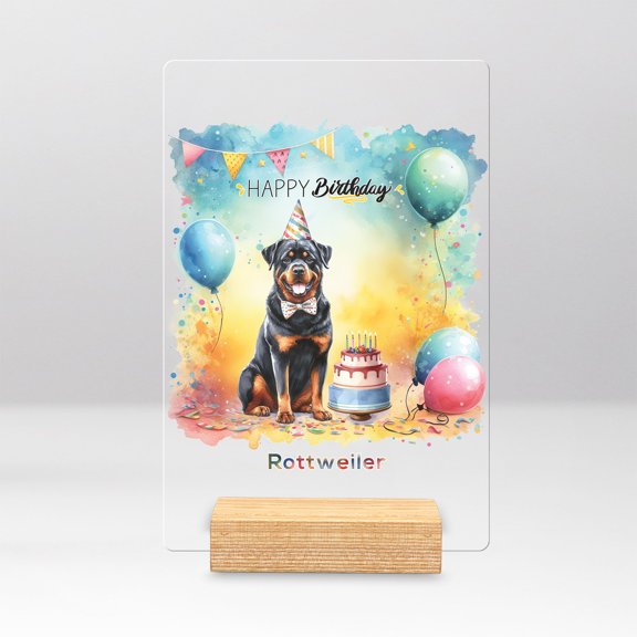 Happy Birthday to Rottweiler Kitten Party Balloons Cake Acrylic Plaque Sign Ashwood Base Rottie Dog Lover Gifts Idea Home Desk Decor - 00027