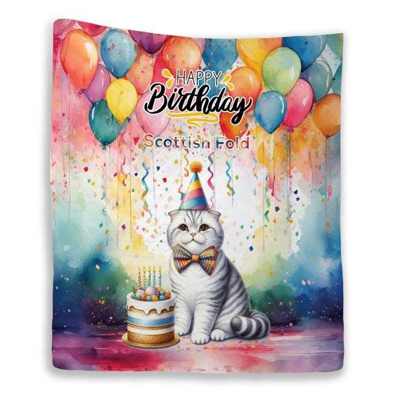 Happy Birthday to Scottish Fold Kitten Party Balloons Cake Quilt Blanket Cat Lover Kitten Owner Gifts Cozy Comforter Throw Blanket - 00027