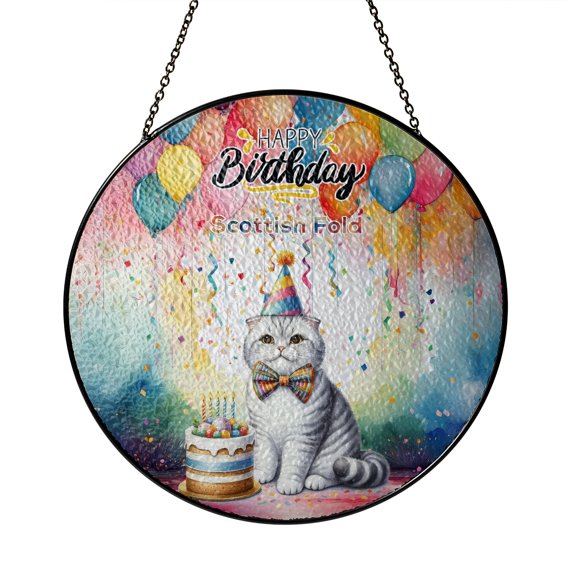 Happy Birthday to Scottish Fold Kitten Party Balloons Cake Stained Glass Suncatcher Cat Lover Kitten Owner Gifts Window Hanging Sign Decor - 00027