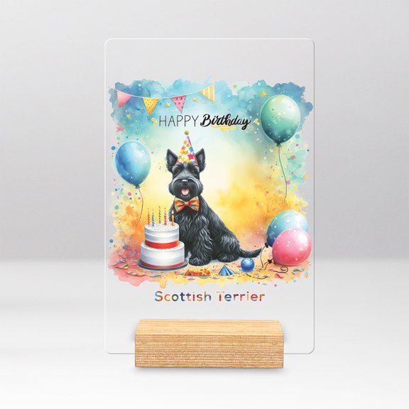 Happy Birthday to Scottish Terrier Kitten Party Balloons Cake Acrylic Plaque Sign Ashwood Base Scottie Dog Lover Gifts Home Desk Decor - 00027