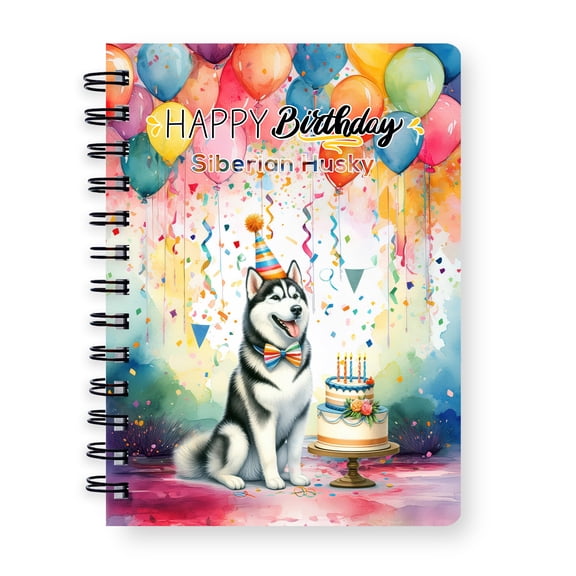 Happy Birthday to Siberian Husky Kitten Party Balloons Cake Spiral Bound Journal Husky Dog Lover Gifts 5x7in Spiral Notebook - 00027