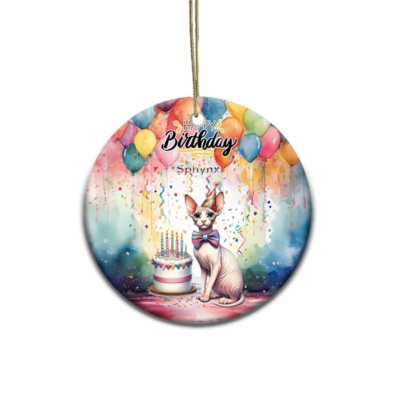 Happy Birthday to Sphynx Kitten Party Balloons Cake Ceramic Round Ornament Cat Lover Kitten Owner Gifts Idea Home Tree Decor - 00027
