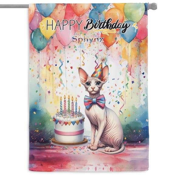Happy Birthday to Sphynx Kitten Party Balloons Cake House Flag 28x40in Double Sided Cat Lover Kitten Owner Gifts Idea Outdoor Decor - 00027
