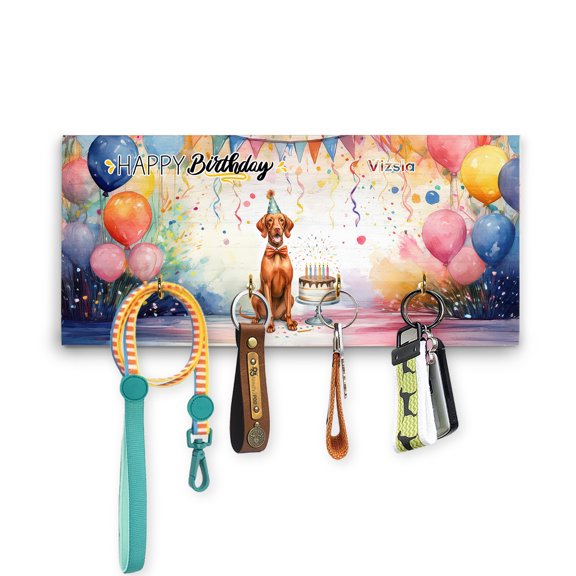 Happy Birthday to Vizsla Kitten Party Balloons Cake Wood Key Holder Vizslas Dog Lover Gifts Idea Wall-mounted Key Rack Home Decor - 00027