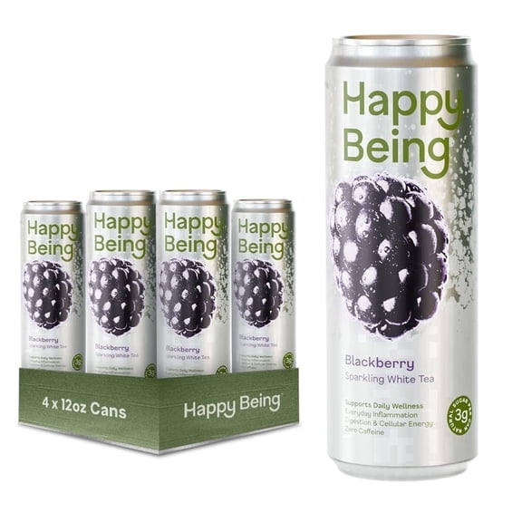 Happy Being Blackberry Sparkling White Tea Antioxidant & Polyphenol Rich, Infused with Turmeric, Elderberry, Plant-Based, Low Sugar & Low Calorie Drinks, 12oz (4 Pack)
