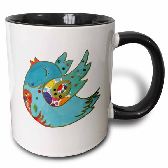 3drose, Happy Blue Bird - Cute Arty Colorful Singing Bird Song Sweet Artistic Multicolored Wings Cartoon Art, 11oz Two-tone Black Mug