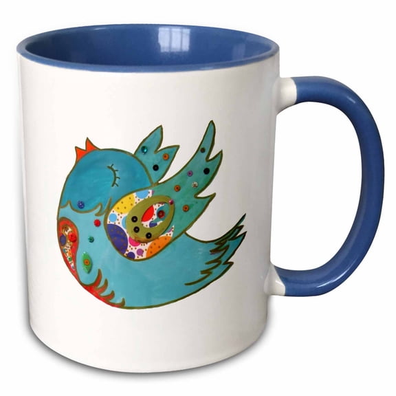 3drose, Happy Blue Bird - Cute Arty Colorful Singing Bird Song Sweet Artistic Multicolored Wings Cartoon Art, 15oz Two-tone Blue Mug