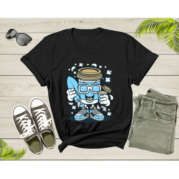 Happy Blue Coffee Cup Surfer with Sunglasses Holding Coffee T-Shirt Surf Coffee Lover Gift T Shirt for Men Women Kids Boys Girls Tshirt