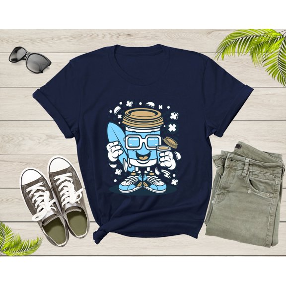 Happy Blue Coffee Cup Surfer with Sunglasses Holding Coffee T-Shirt Surf Coffee Lover Gift T Shirt for Men Women Kids Boys Girls Tshirt