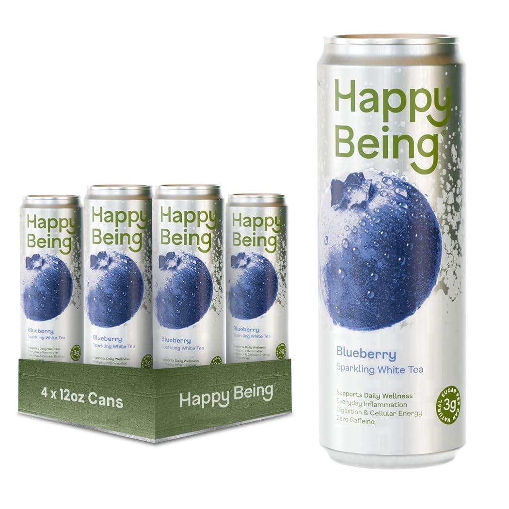 Happy Being Blueberry Sparkling White Tea – Antioxidant & Polyphenol Rich, Infused with Turmeric, Elderberry, Caffeine Free, Plant-Based, Low Sugar & Low Calorie Drinks, 12oz (4 Pack)