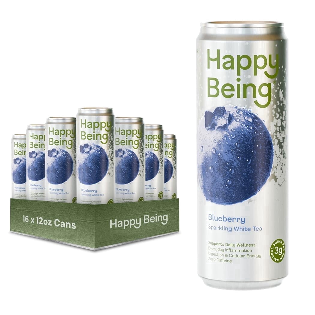 Happy Being Blueberry Sparkling White Tea – Antioxidant & Polyphenol Rich, Infused with Turmeric, Elderberry, Plant-Based, Low Sugar & Low Calorie Drinks, 12oz (16 Pack)