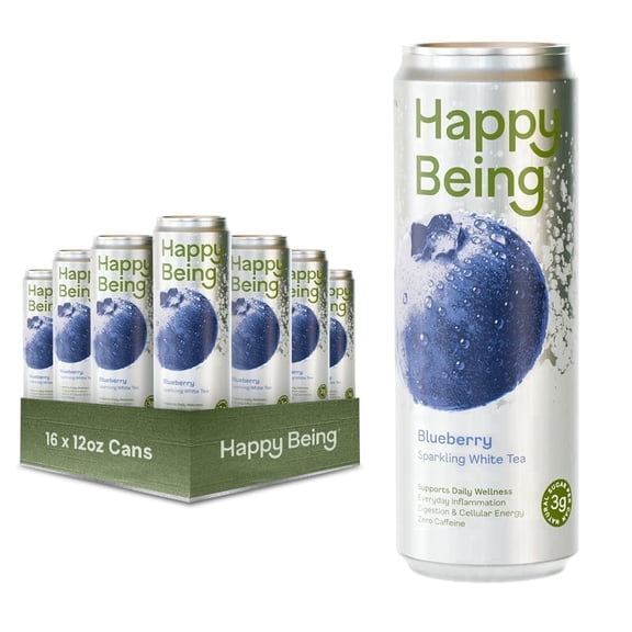 Happy Being Blueberry Sparkling White Tea Antioxidant & Polyphenol Rich, Infused with Turmeric, Elderberry, Plant-Based, Low Sugar & Low Calorie Drinks, 12oz (16 Pack)