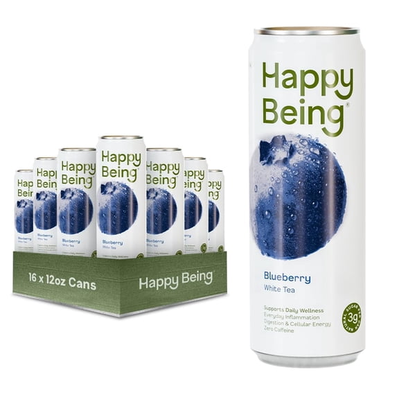 Happy Being Blueberry White Tea Antioxidant & Polyphenol Rich, Infused with Turmeric, Elderberry, Caffeine Free, Plant-Based, Low Sugar & Low Calorie Drinks, 12oz (16 Pack)
