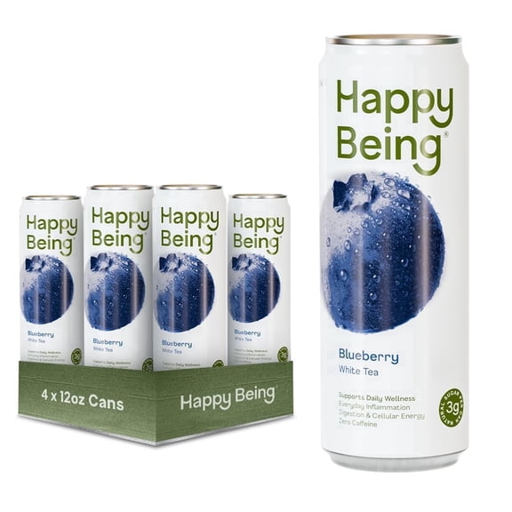 Happy Being Blueberry White Tea – Antioxidant & Polyphenol Rich, Infused with Turmeric, Elderberry, Plant-Based, Low Sugar & Low Calorie Drinks, 12oz (4 Pack)