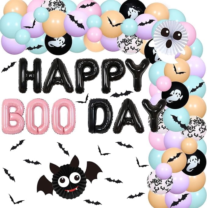 Happy Boo Day Party Decorations Girl, Boo Themed Birthday Party Macaroon Halloween Balloon Garland Arch Kit with Ghost Bat Balloons 3D Bats Wall Stickers for Halloween 1st 2nd 3rd Bday Party Decor