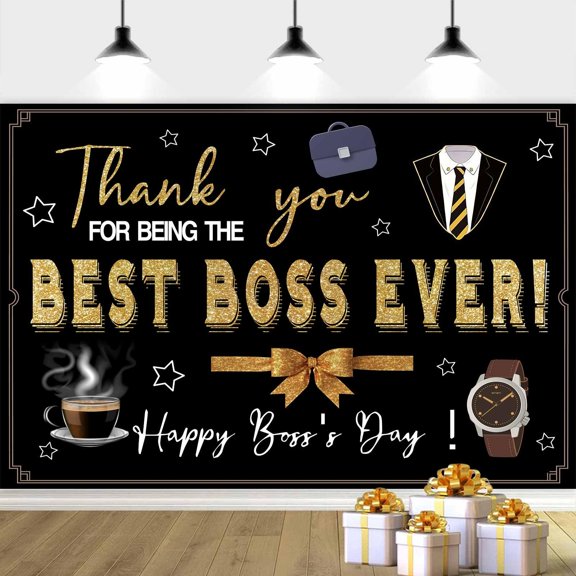Happy Boss's Day Backdrop Best Boss Ever Photography Background for Women Black and Gold Office Happy Boss Day Decorations Banner Supplies Photo Booth Props