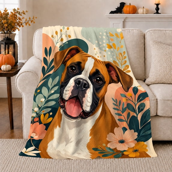 Happy Boxer Dog Among Flowers, Botanical Illustrated Pet Portrait Composition, Pet Adoption Gift for Boxer Dog Lovers, Cozy Flannel Blanket with Home Decor for Living Room and Bedroom