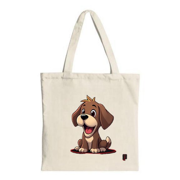 Happy Brown Dog Tote Bag - Cartoon Design on Red Background Floppy Ears & Cheerful Expression Perfect for Shopping & Travel