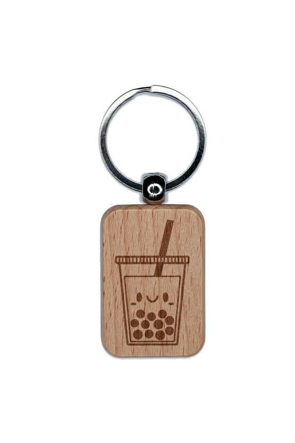Happy Bubble Boba Milk Tea Rectangle Keychain Charm Tag - Engraved Wood