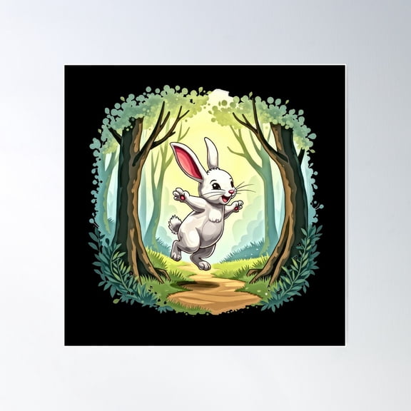 Happy Bunny Hopping In The Forest Poster Wall Art, Modern Wall Decor For Living Room Bedroom, 17x17 UNFRAMED