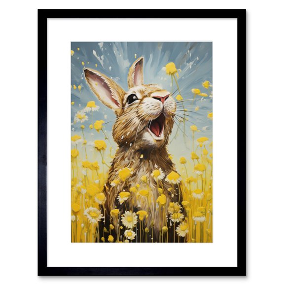 The Happy Bunny Rabbit Playing in a Field of Daisies Vibrant Oil Painting Kids Bedroom Blue Yellow Bright Summer Meadow Artwork Framed Wall Art Print 9X7 Inch