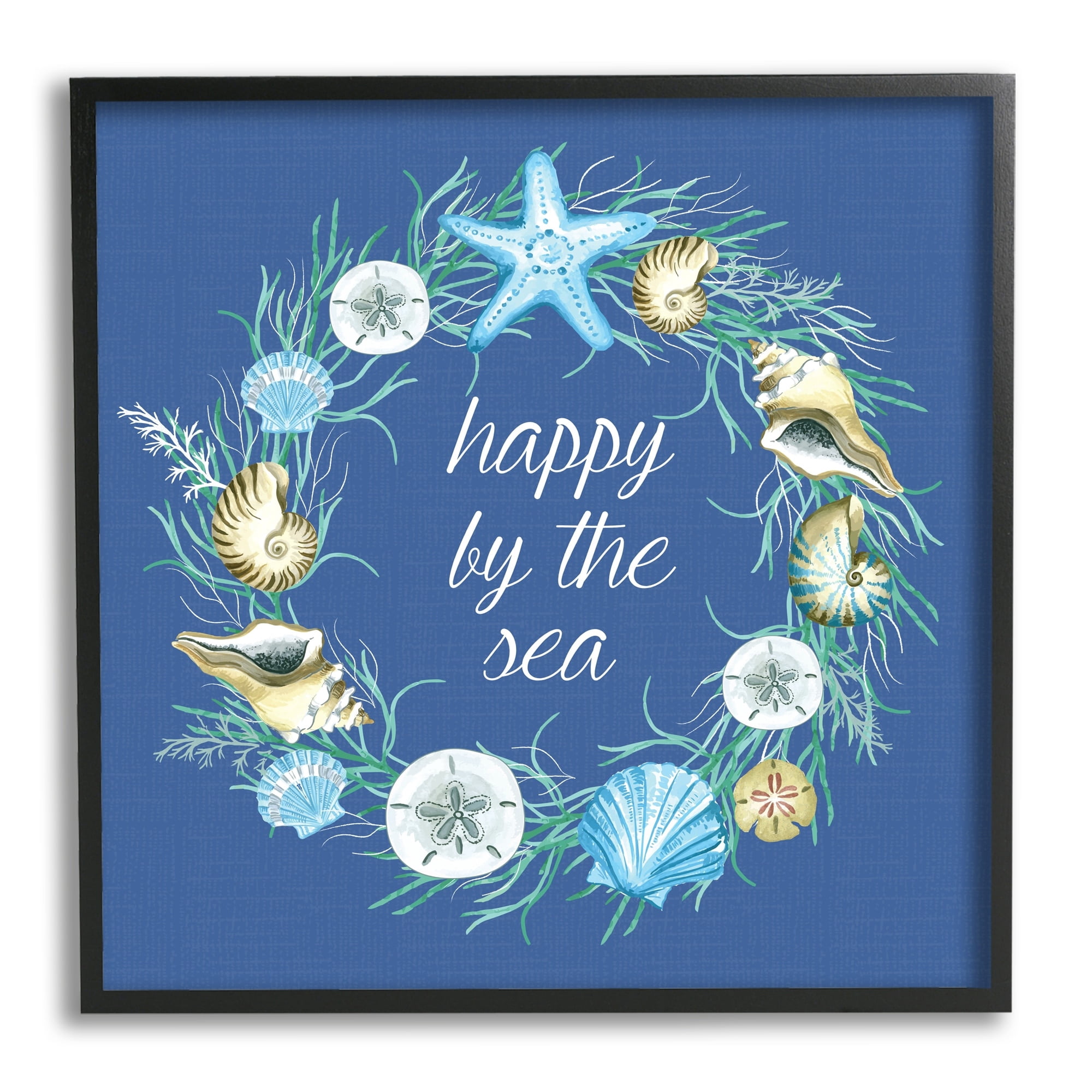 Happy By The Sea Calligraphy Aquatic Shells Wreath Coastal Graphic Art Framed Art Print Wall Art