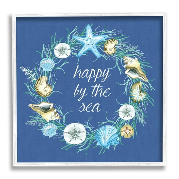 Happy By The Sea Calligraphy Aquatic Shells Wreath Coastal Graphic Art Framed Art Print Wall Art