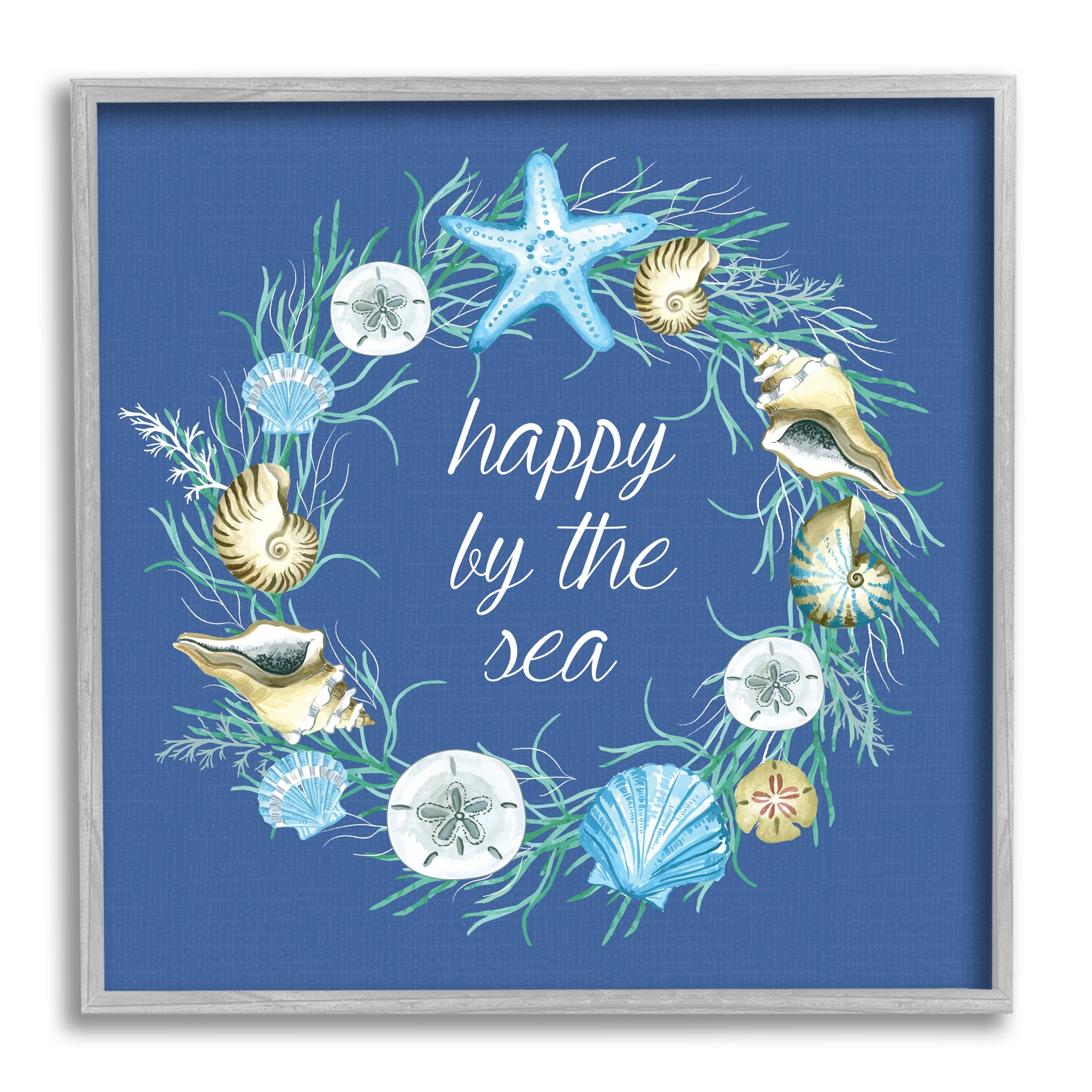 Happy By The Sea Calligraphy Aquatic Shells Wreath Coastal Graphic Art Framed Art Print Wall Art