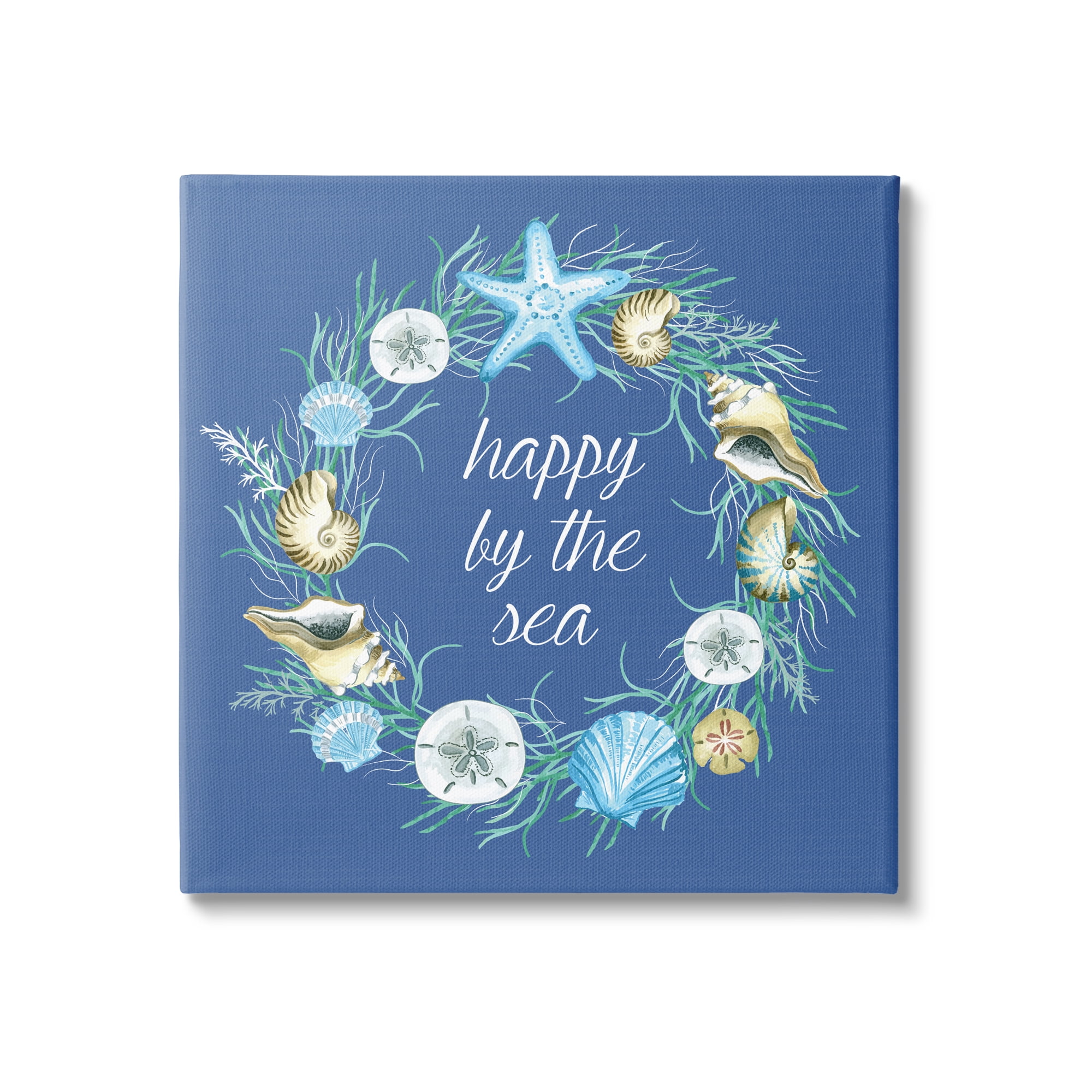 Happy By The Sea Calligraphy Aquatic Shells Wreath Coastal Graphic Art Gallery-Wrapped Canvas Print Wall Art