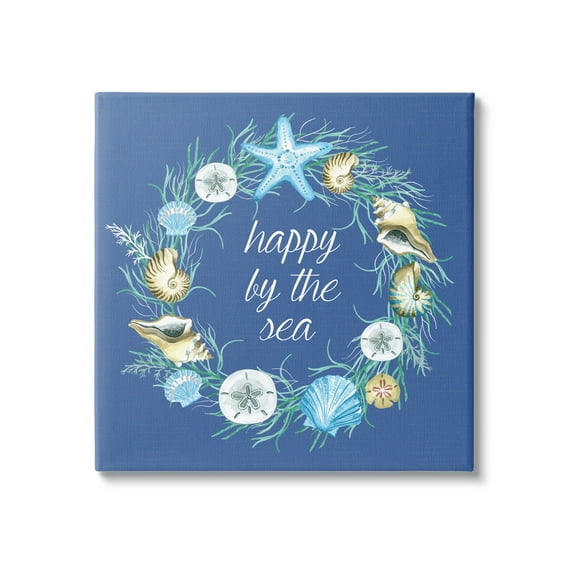 Happy By The Sea Calligraphy Aquatic Shells Wreath Coastal Graphic Art Gallery-Wrapped Canvas Print Wall Art
