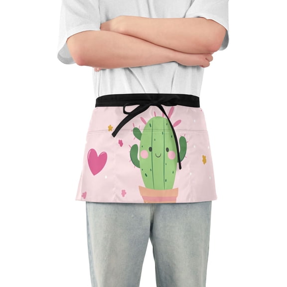 Happy Cactus Hearts Valentine Short Server Apron with 3 Pockets for Unisex Chef Gardening