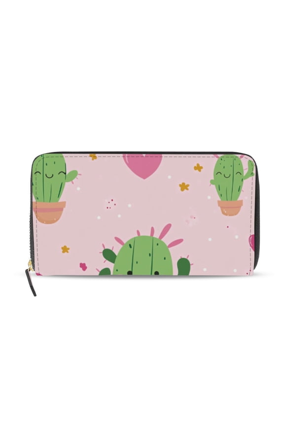 Happy Cactus Hearts Valentine Women's Long Zipper Wallet Bifold Clutch Purse PU Leather Card Cases