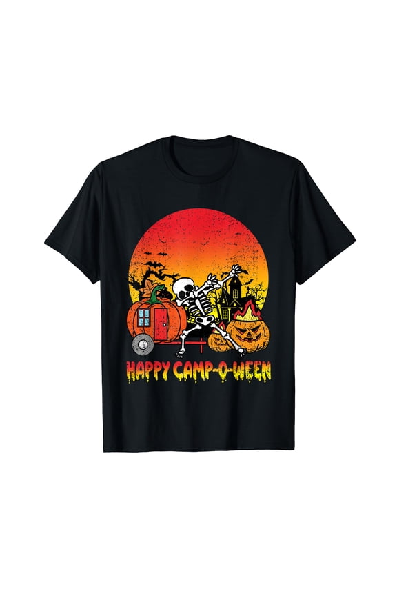 Happy Camp O Ween Halloween Costume Camping Pun Camper Crew Neck Black T-Shirt