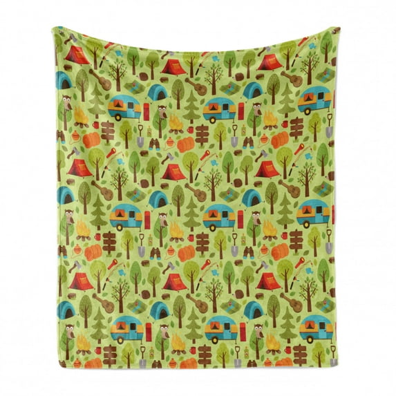 Happy Camp Soft Flannel Fleece Throw Blanket, Nature Theme Elements for Camping Bonfire Outdoor Activities, Cozy Plush for Indoor and Outdoor Use, 50" x 60", Pale Green Multicolor, by Ambesonne