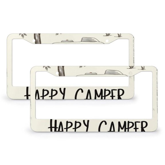 Happy Camper-12 License Plate Frames 2 Pieces Camper Trailer Campfire License Plate Cover Front Plates Frames Car Tag Frame for Men/Women 2 Round Holes Quality Aluminum License Plate Cover