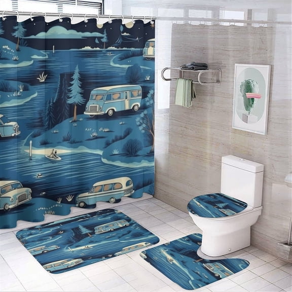 Happy Camper 4 Piece Decor Shower Curtains Sets with Non-Slip Rugs Toilet Lid Cover And Bath Mat Bathroom Decor Set Happy Camper Camping Waterproof Durable Bathroom Decor Shower for Bathtub Decor