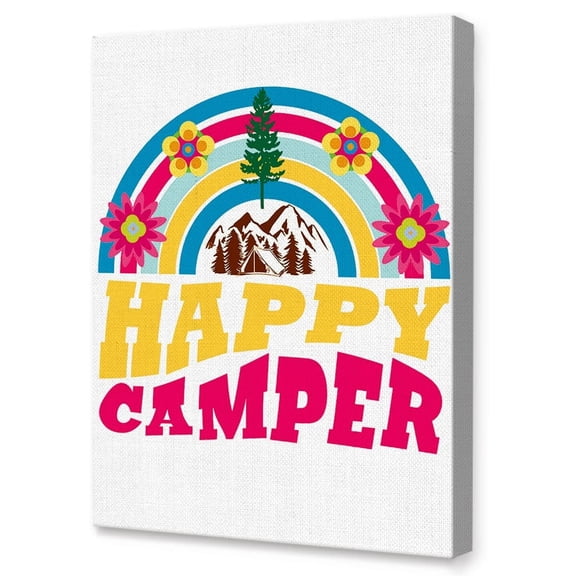 Happy Camper 70s Retro Hippie Canvas Wall Art,Funny Camper Rainbow Sign Canvas Painting Wall Decor for Girls Women Daughter Home Camper RV Trailer Room
