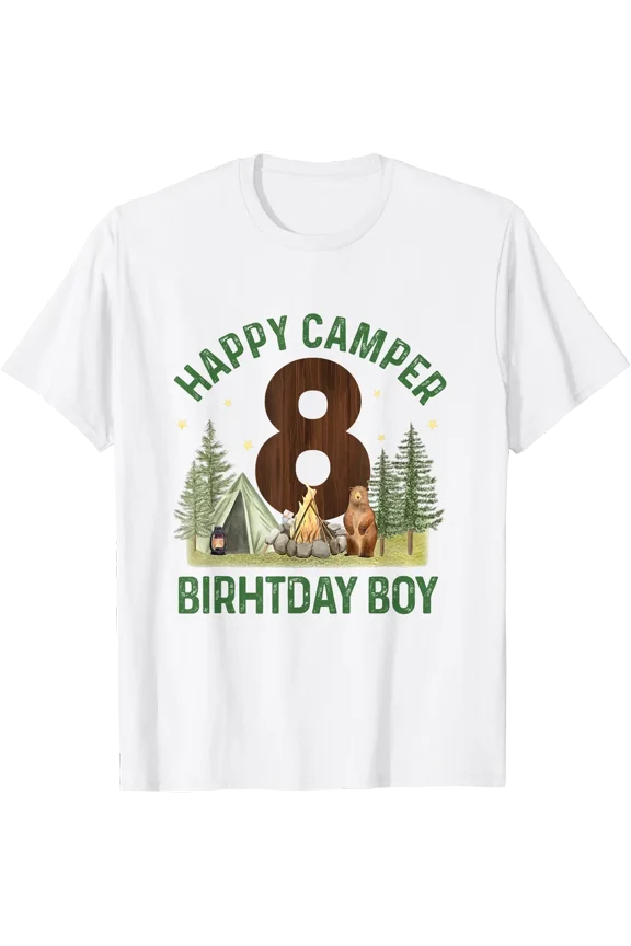 Happy Camper 8 Forest Camping Boys 8th Birthday Adventure T-Shirt