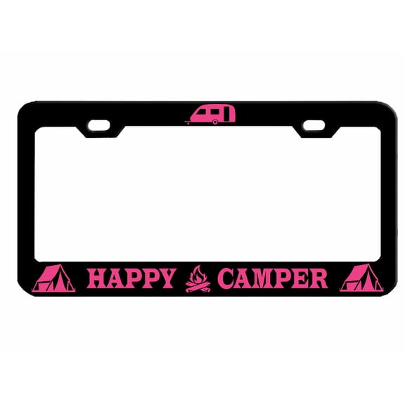 Happy Camper Adventure Style Metal License Plate Frame/Car Accessories Car Tag Holder Cover (Black/Dark Pink)