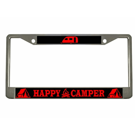 Happy Camper Adventure Style Metal License Plate Frame/Car Accessories Car Tag Holder Cover (Chrome/Black/Red)