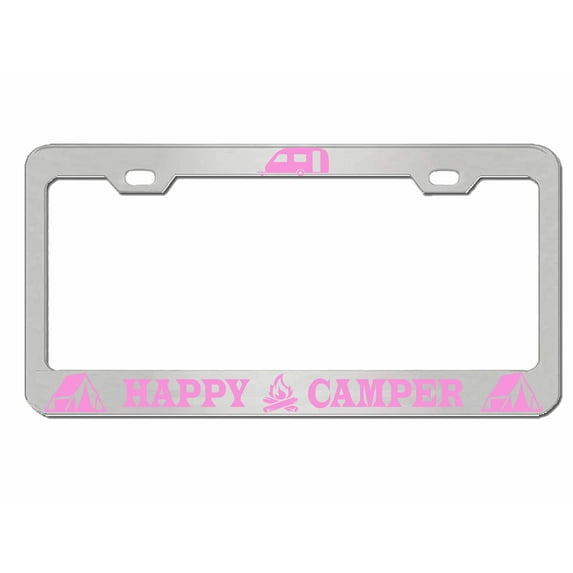 Happy Camper Adventure Style Metal License Plate Frame/Car Accessories Car Tag Holder Cover (Chrome/Light Pink)