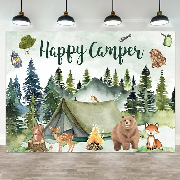 Happy Camper Backdrop Animals Forest Scene Photography Background Mountain Camping Tent Campfire Cartoon Bear Adventure Birthday Party Banner Baby Shower Decorations Photo Booth Props