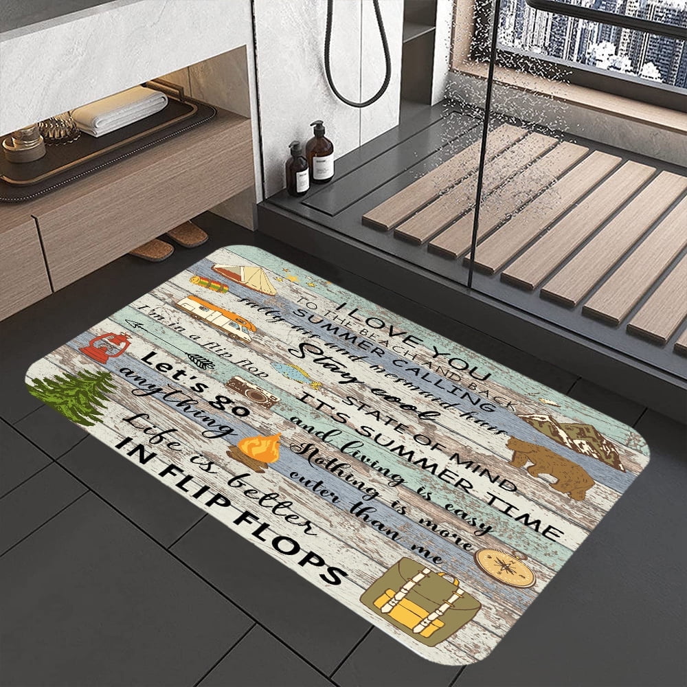 Happy Camper Bath Mat for Camper Trailer Camping Bathroom, Retro RV Camper Travel Trailers Non-Slip Doormat Bath Rug, Entrance Rug for Front Door Kitchen Floor Bath Tub Bedroom