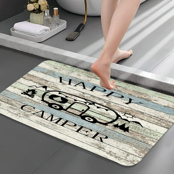 Happy Camper Bath Mat, RV Bath Rug, Farmhouse Wooden Soft Absorbent Shaggy Plush Bathroom Rug, RV Bathroom Accessory Set Kitchen Rug 19X31IN